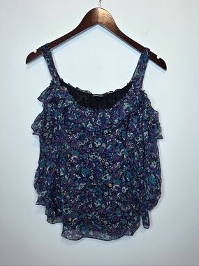 Nanette Lepore 100% Silk Floral Ruffle Cold Shoulder Top Garden Party Size Small